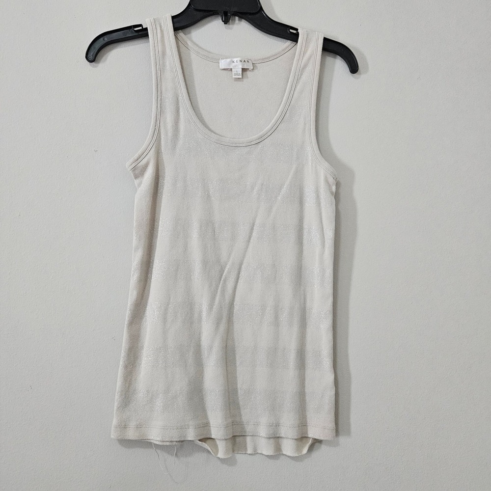 Kenar‎ Womens Ribbed Metallic Stripe Tank Top Cream Silver Shimmer Scoop Neck L